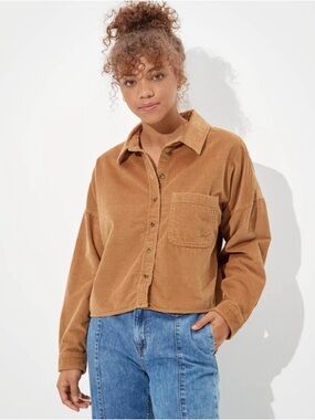 American Eagle Outfitters Corduroy Button-Front Shirt in Camel Brown